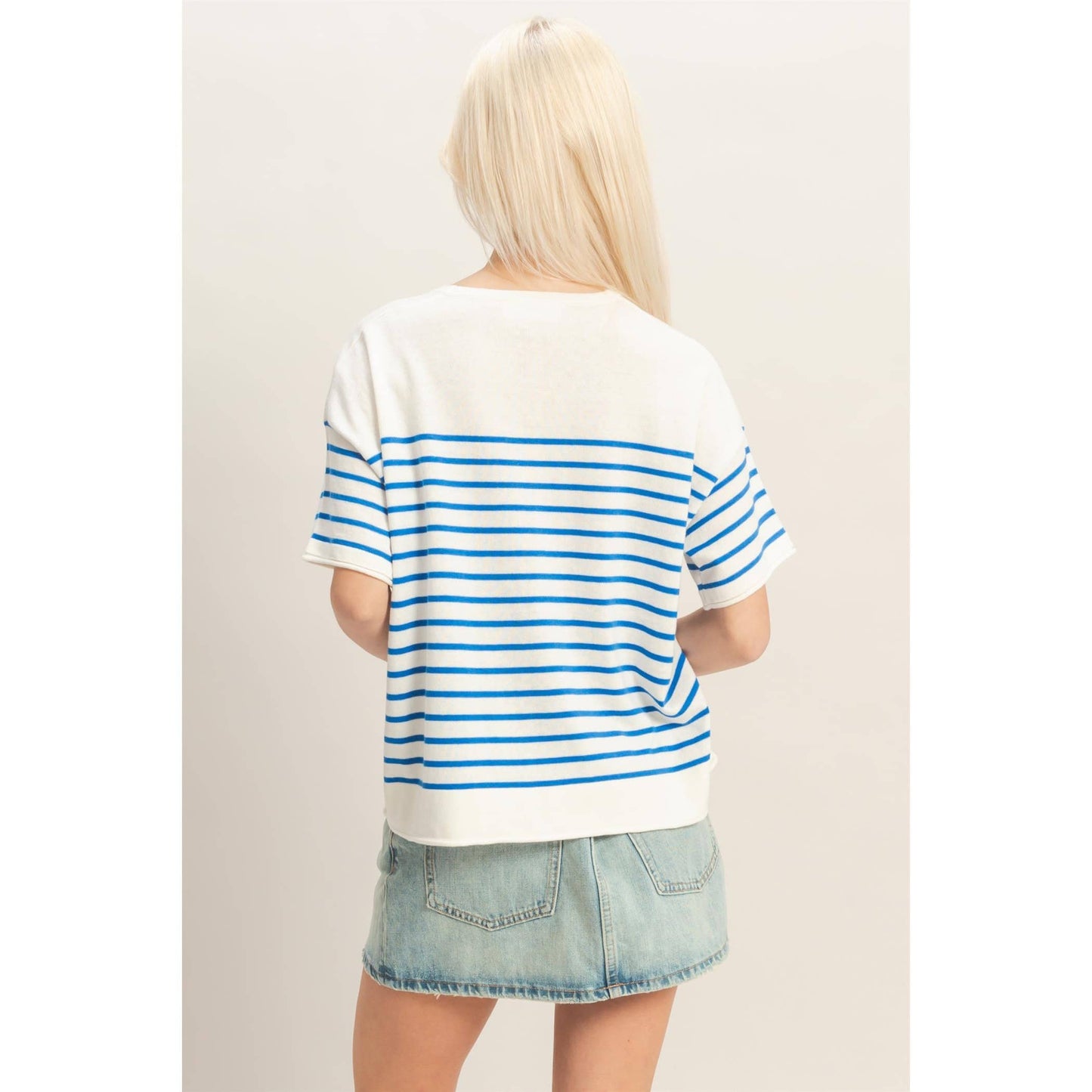 Taupe and white Striped Short Sleeve Knit Top