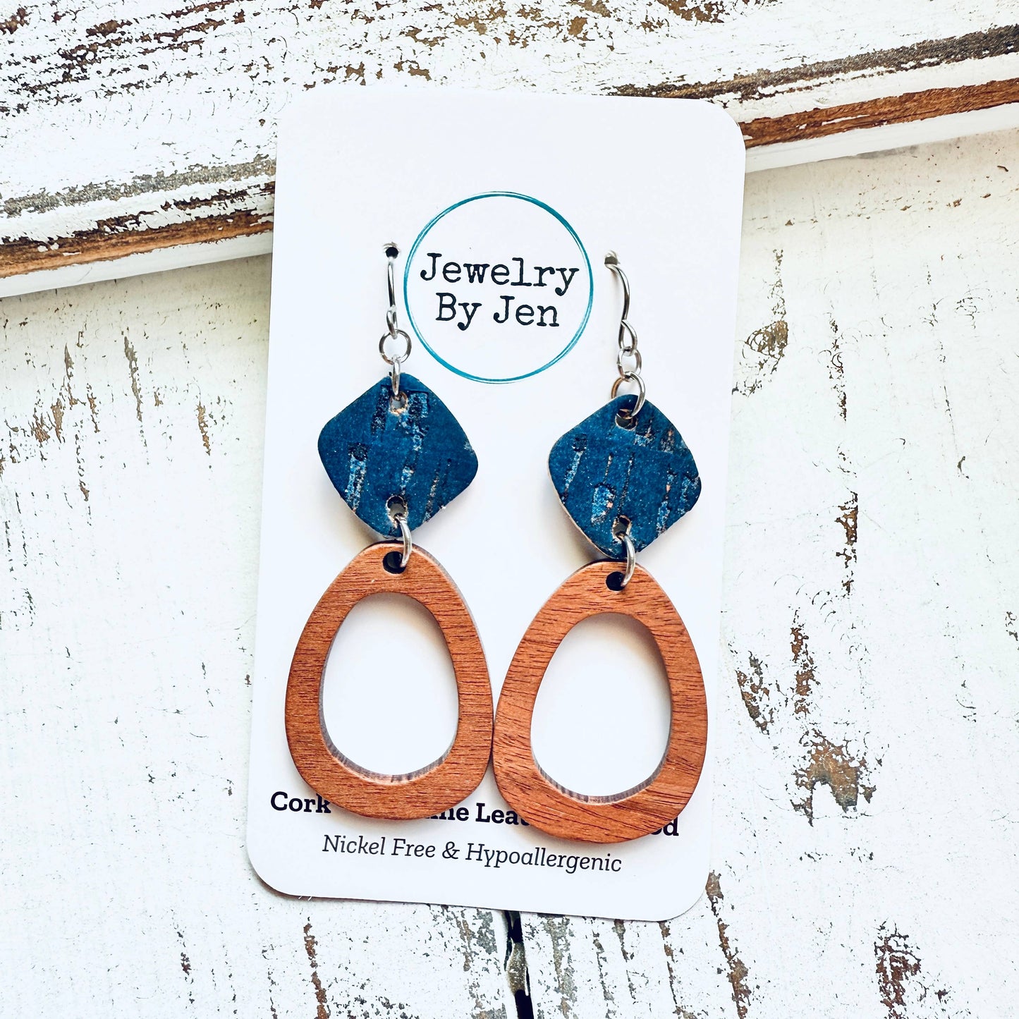 Wood Oblong & Navy Cork Earrings