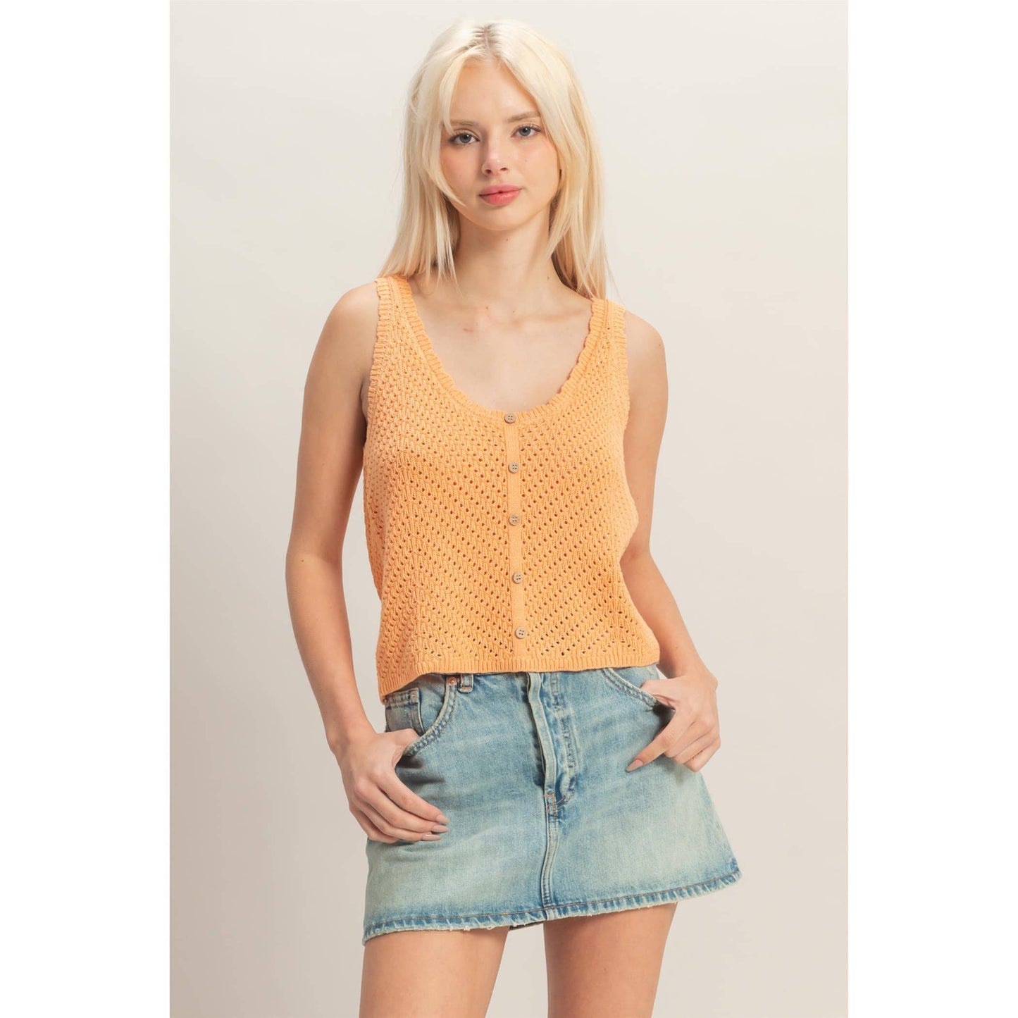 Open Knit Scallop Edge Button Front Tank Top