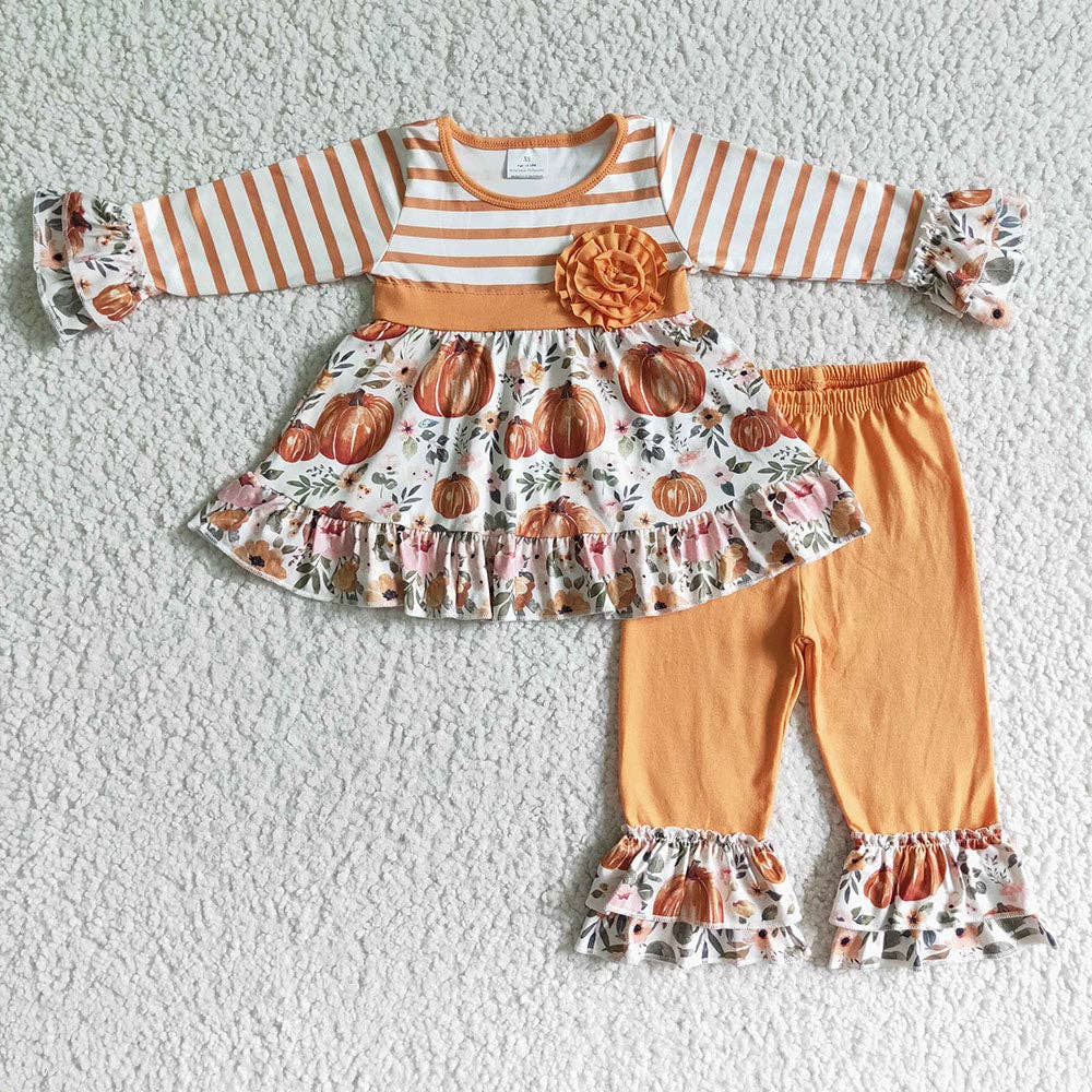 Baby girls fall orange pumpkin stripe pants sets