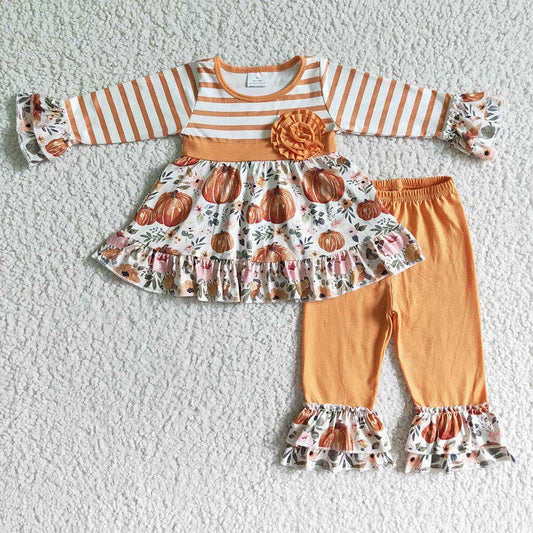 Baby girls fall orange pumpkin stripe pants sets