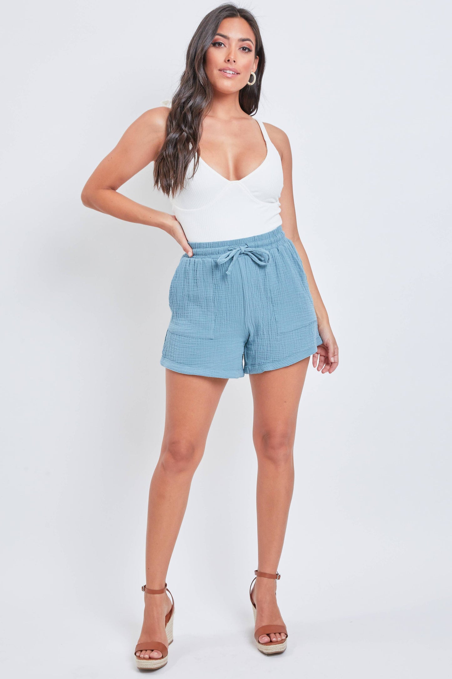 Double Gauze Drawstring Banded Hem Shorts