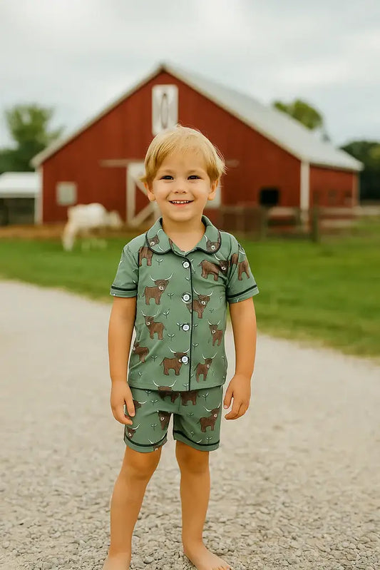 Green Highland Cow 2 Piece Shorts Lounge Set