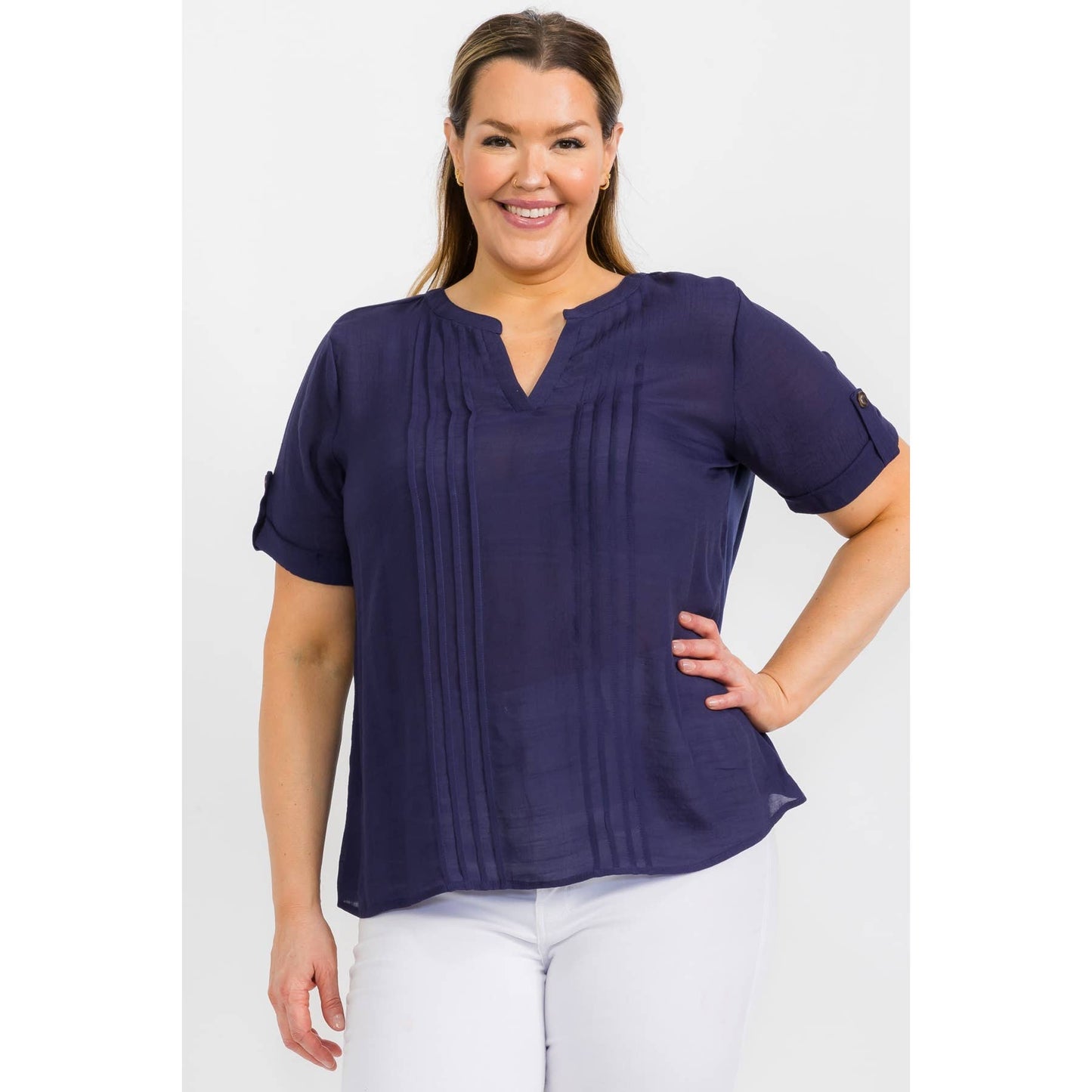 Plus- Navy pintuck top