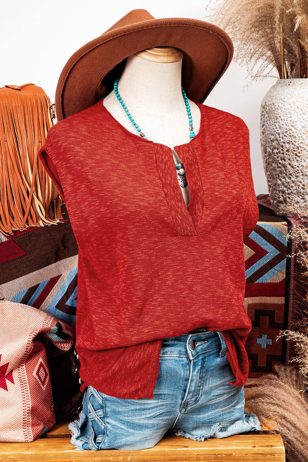 Orange Split V Neck Short Sleeve top