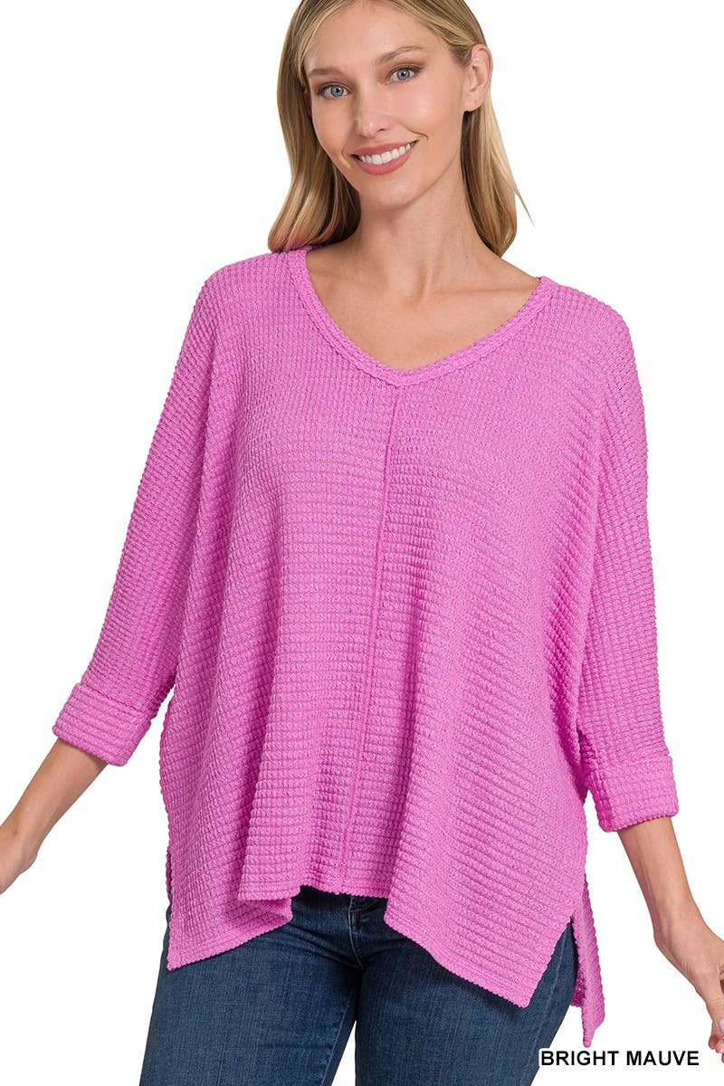 Fuchsia 3/4 Sleeve Hi-Low Jacquard Top