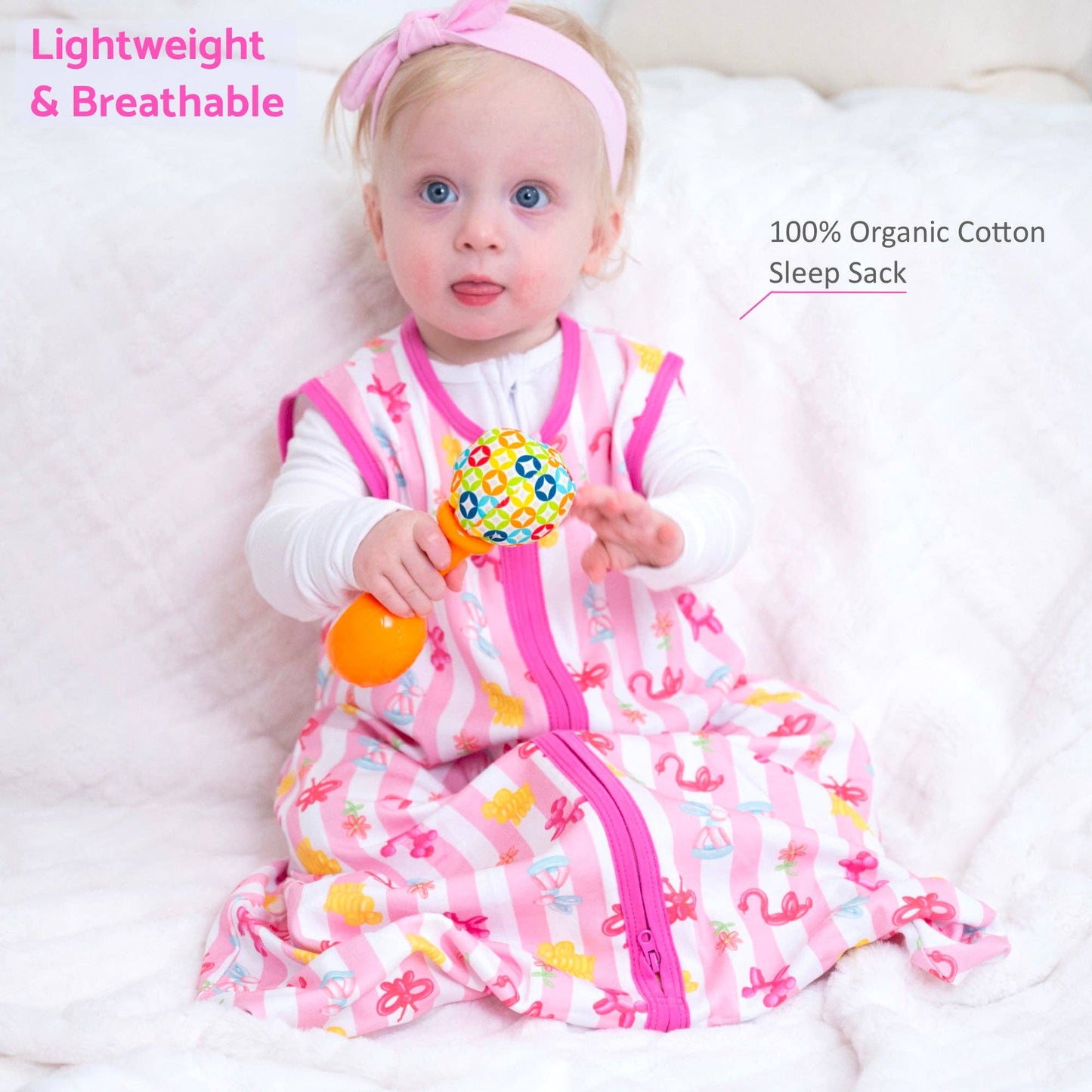 Pink Balloon Animal Organic Cotton Sleep Sack 0.5 TOG