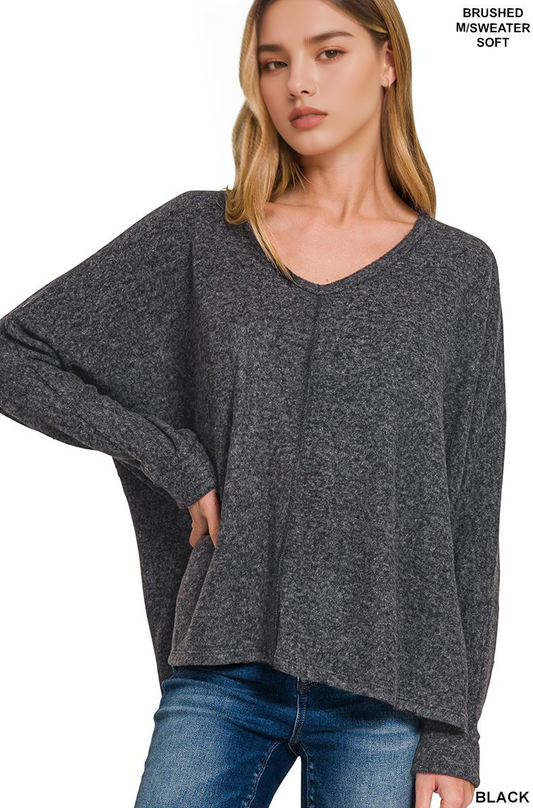 Black Brushed Hacci Melange V Neck top
