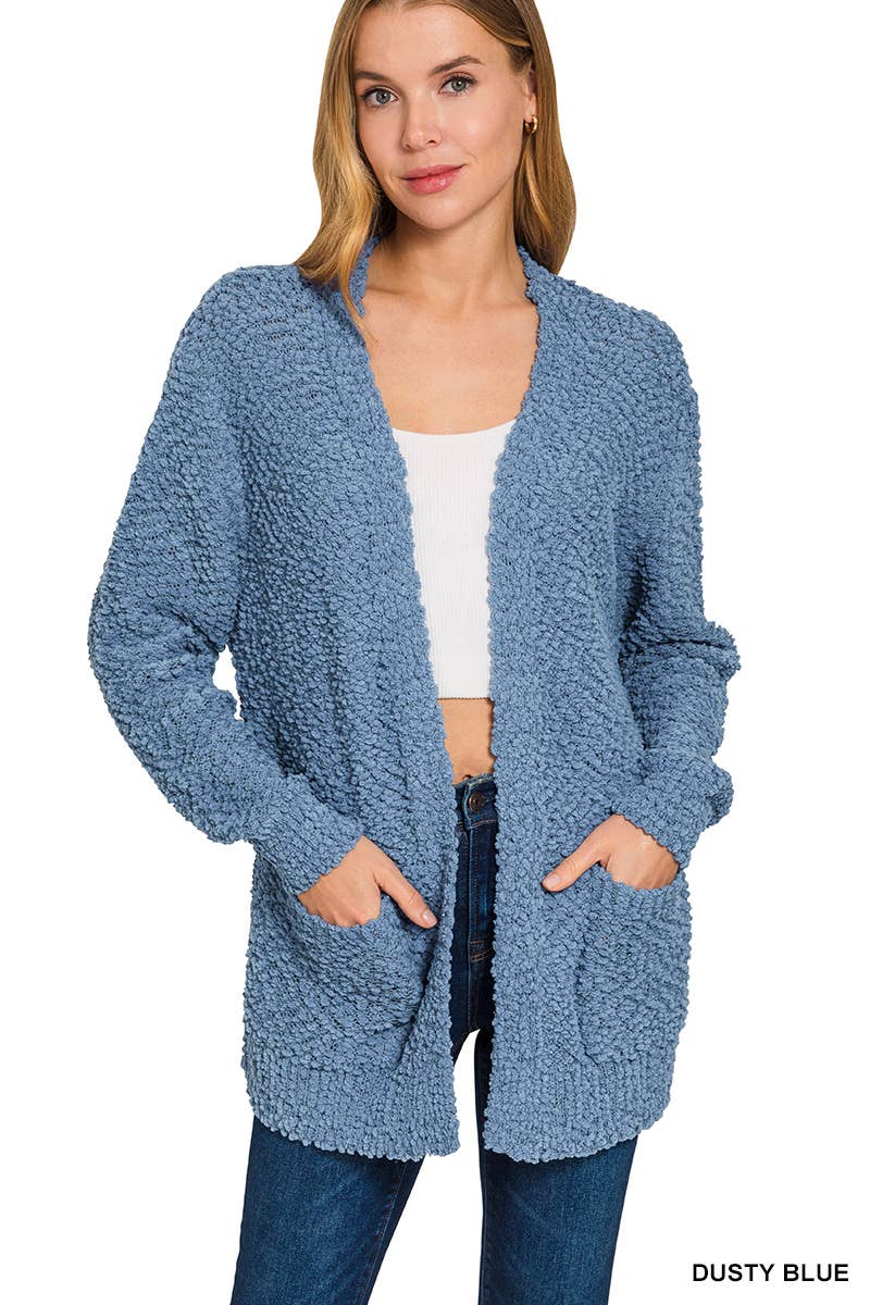 Dusty blue Popcorn Sweater Cardigan w/Pockets