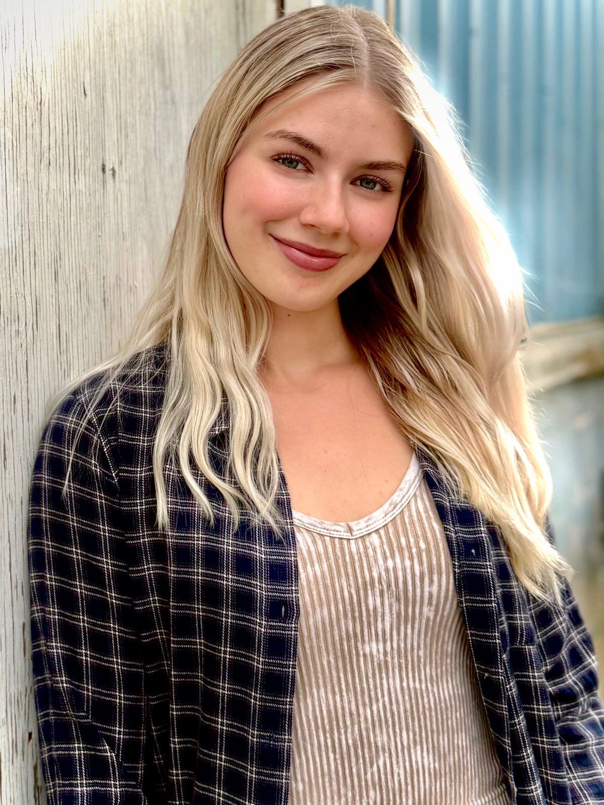 Raw edge plaid button down top