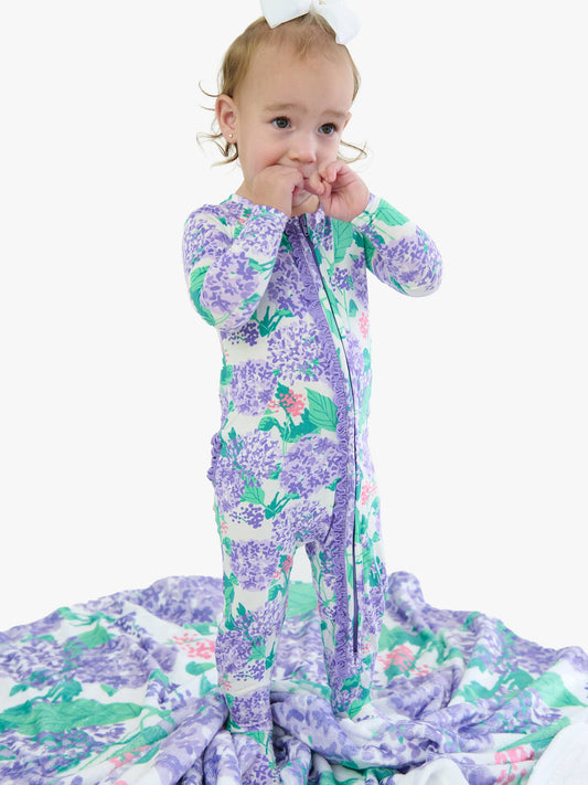 Purple Hydrangea Garden Footed Ruffle One Piece Pajama
