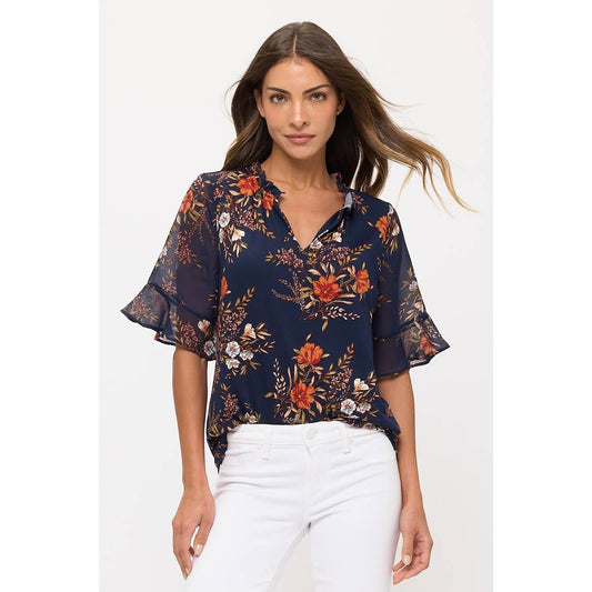 Navy floral ruffle sleeve blouse