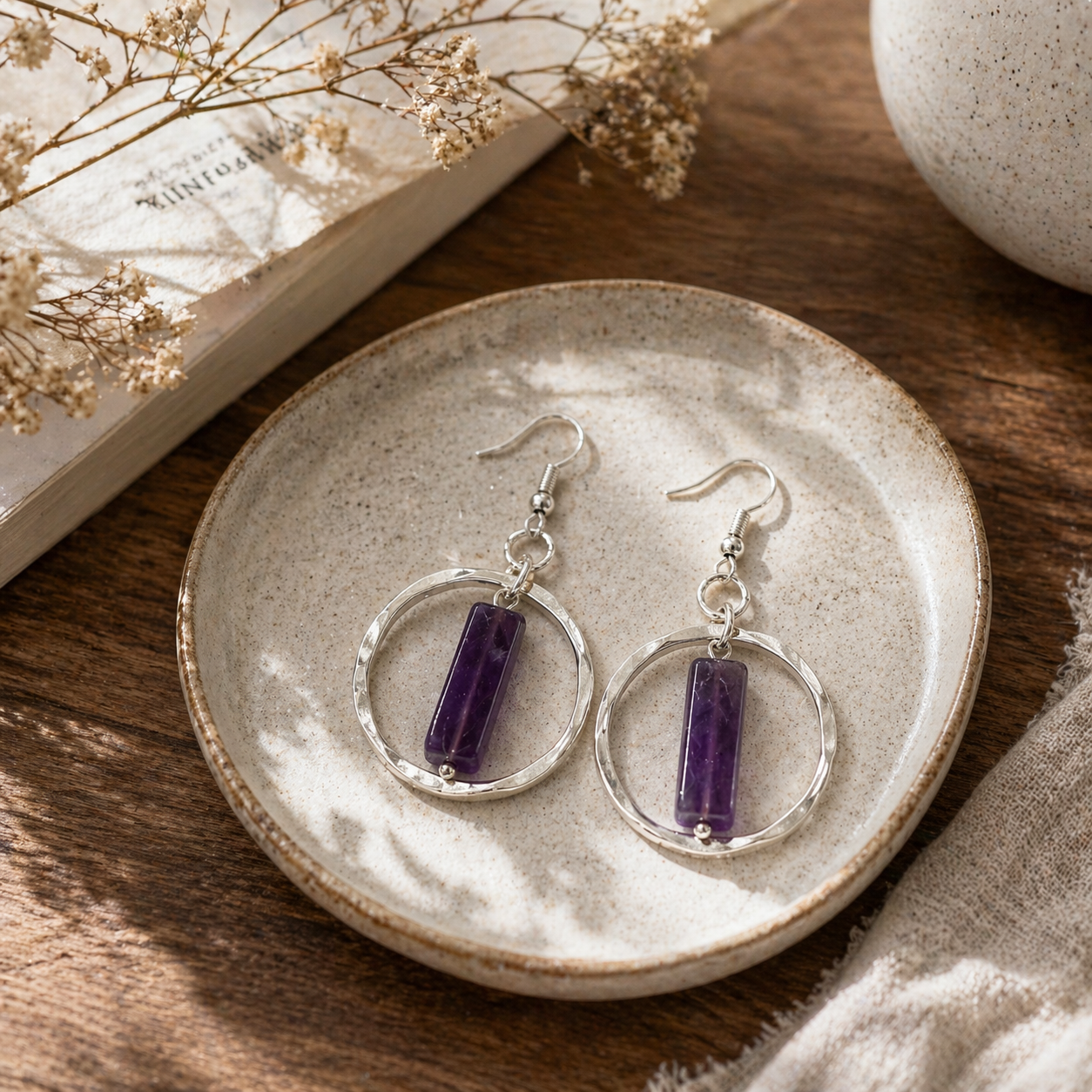 Akriti Amethyst Circle Handcrafted Silver Earrings