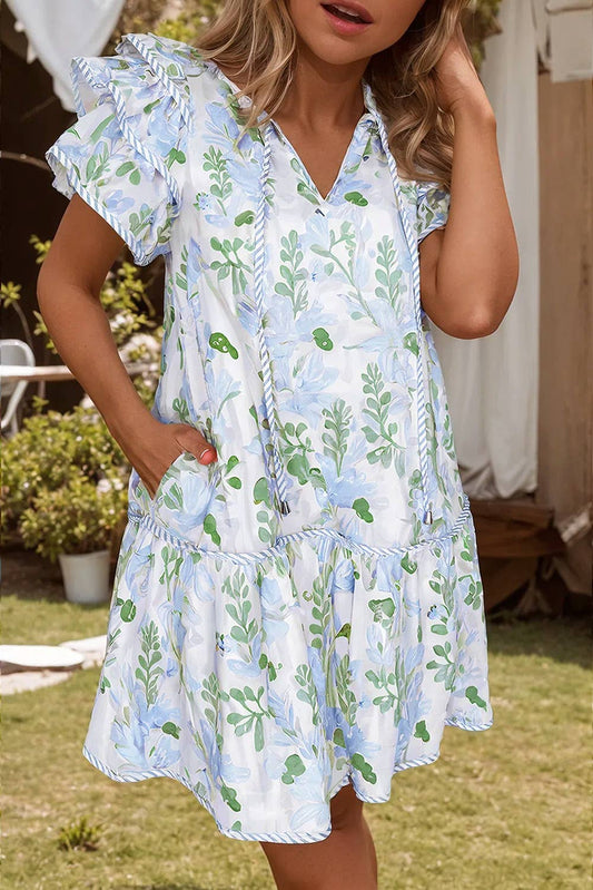 Floral Contrast Edge Layered Short Sleeve Dress