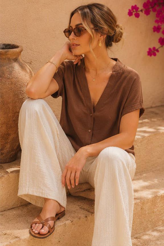 Burnt orange-Textured Gauze Button-Front Blouse
