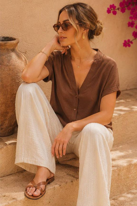 Burnt orange-Textured Gauze Button-Front Blouse