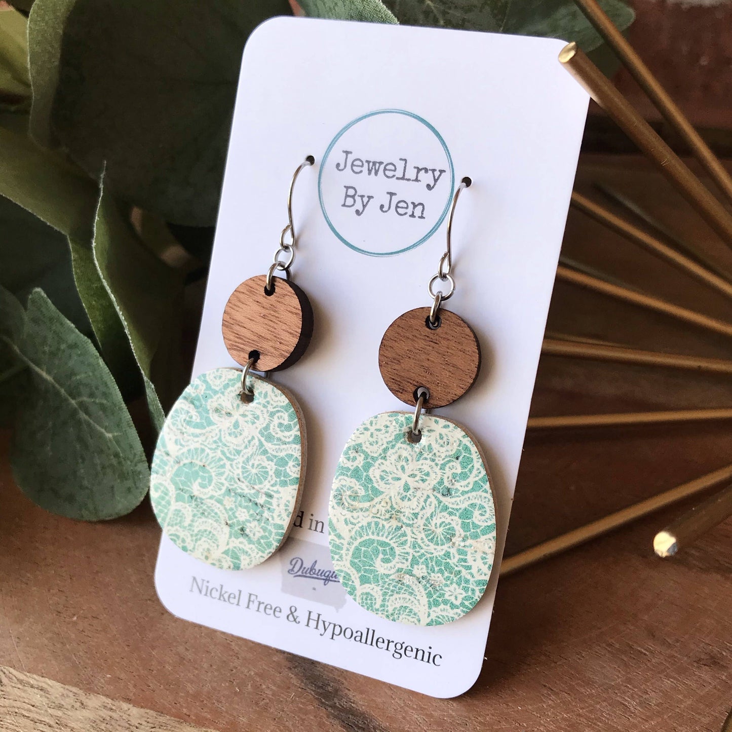 Cherry Wood & Aqua Lace Earrings