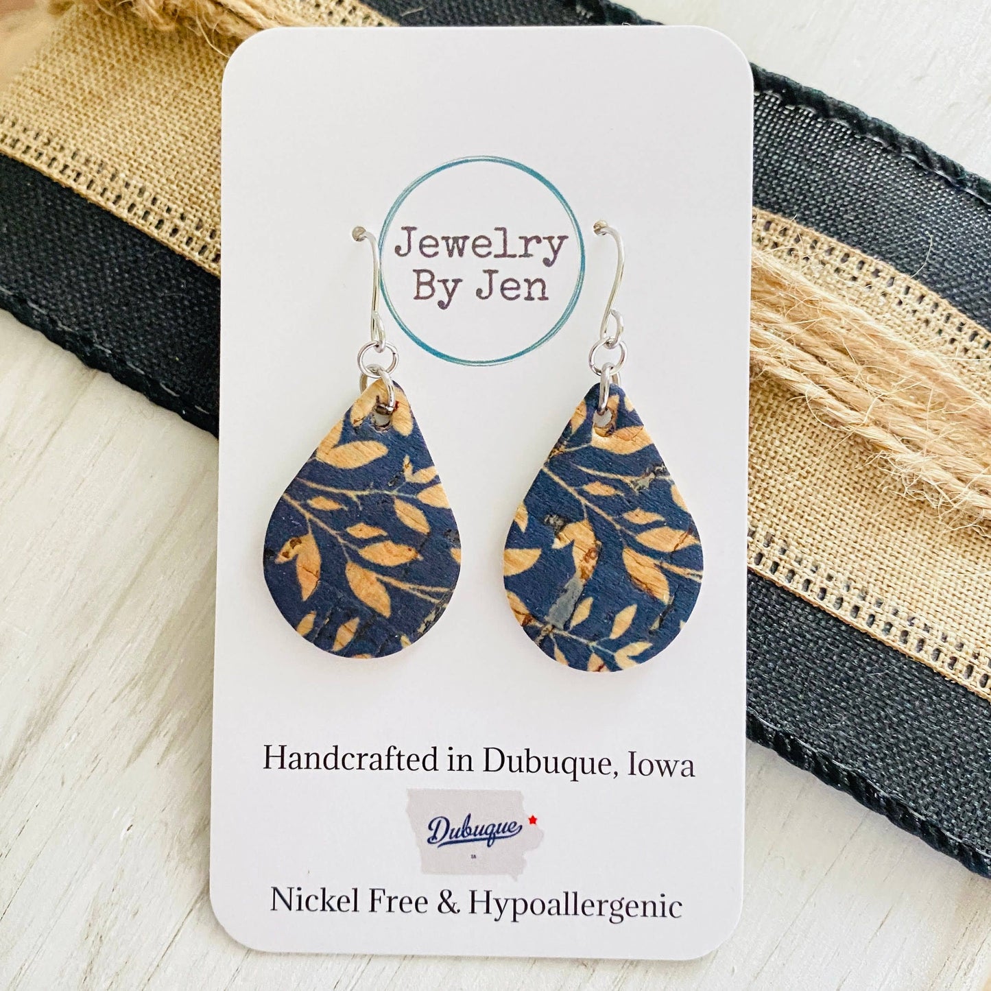 Navy Willow Cork teardrop earrings