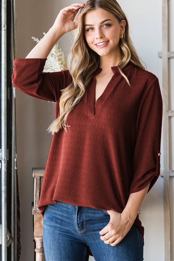 Roll up sleeve v-neck collar top