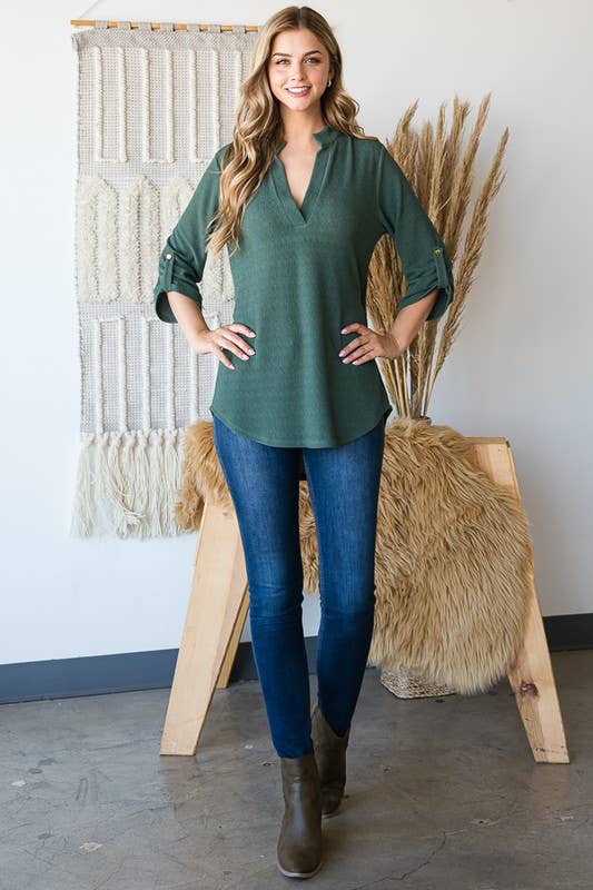 Roll up sleeve v-neck collar top