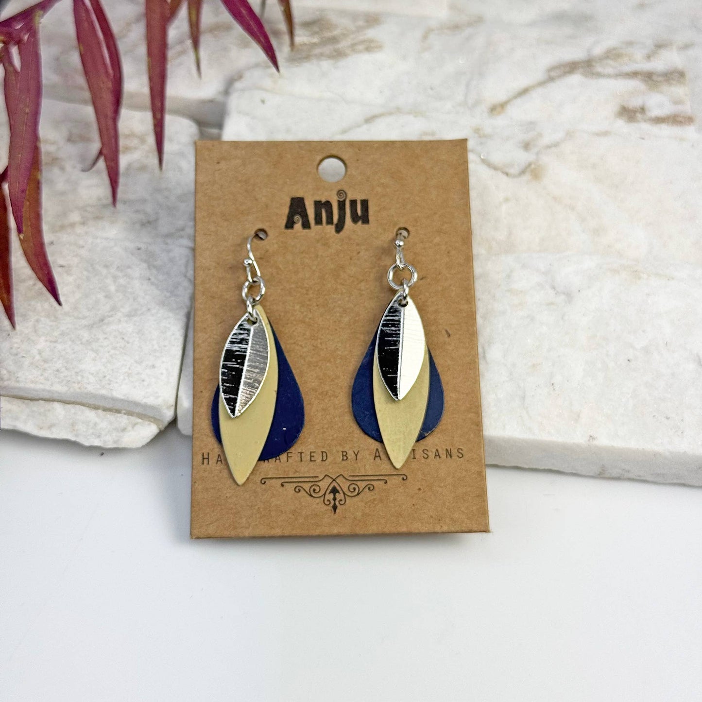 Blue & Tan Patina Layered Leaf Earrings