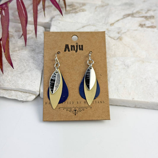 Blue & Tan Patina Layered Leaf Earrings