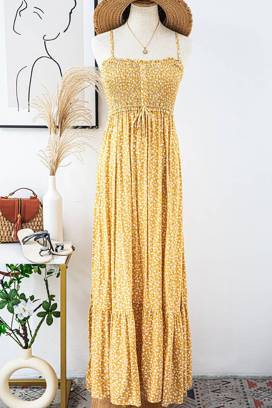 Yellow Boho Smocked Floral Maxi Dress