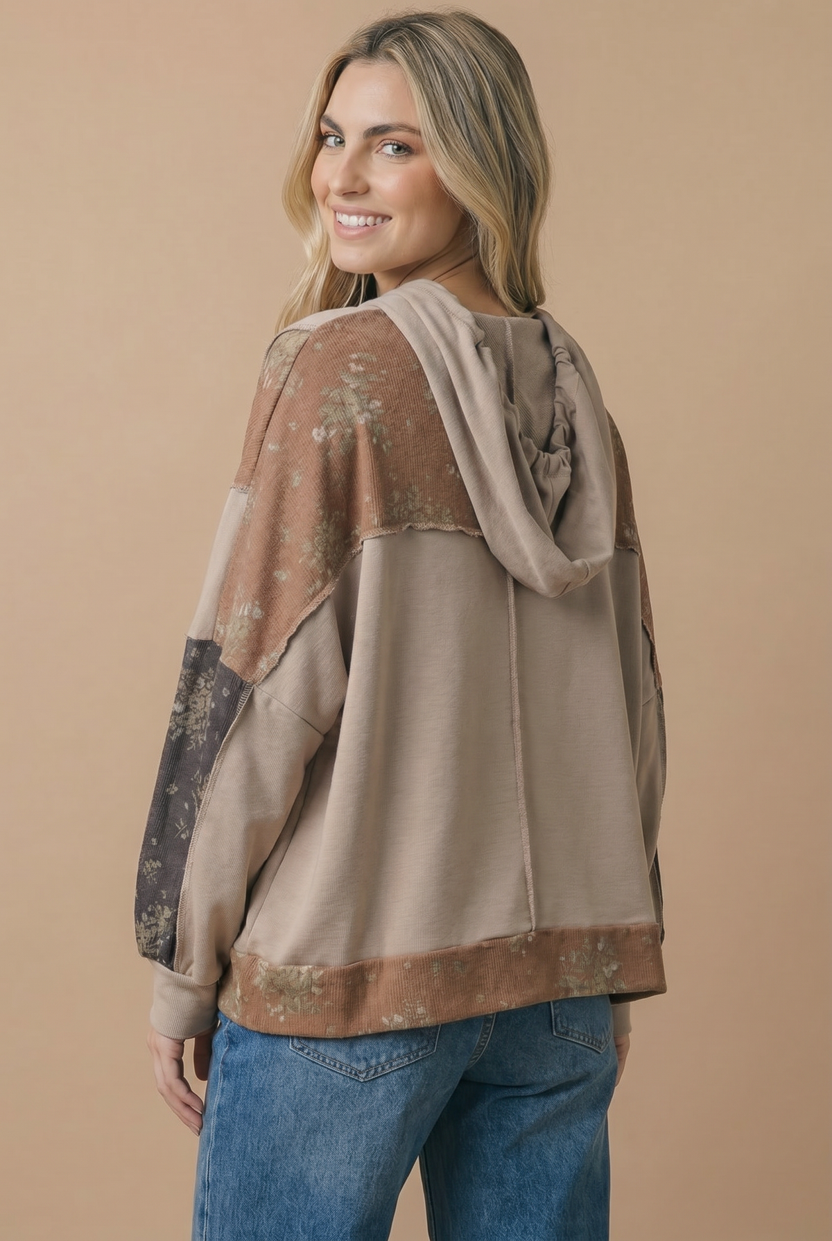 Taupe Floral Color Block hooded Top