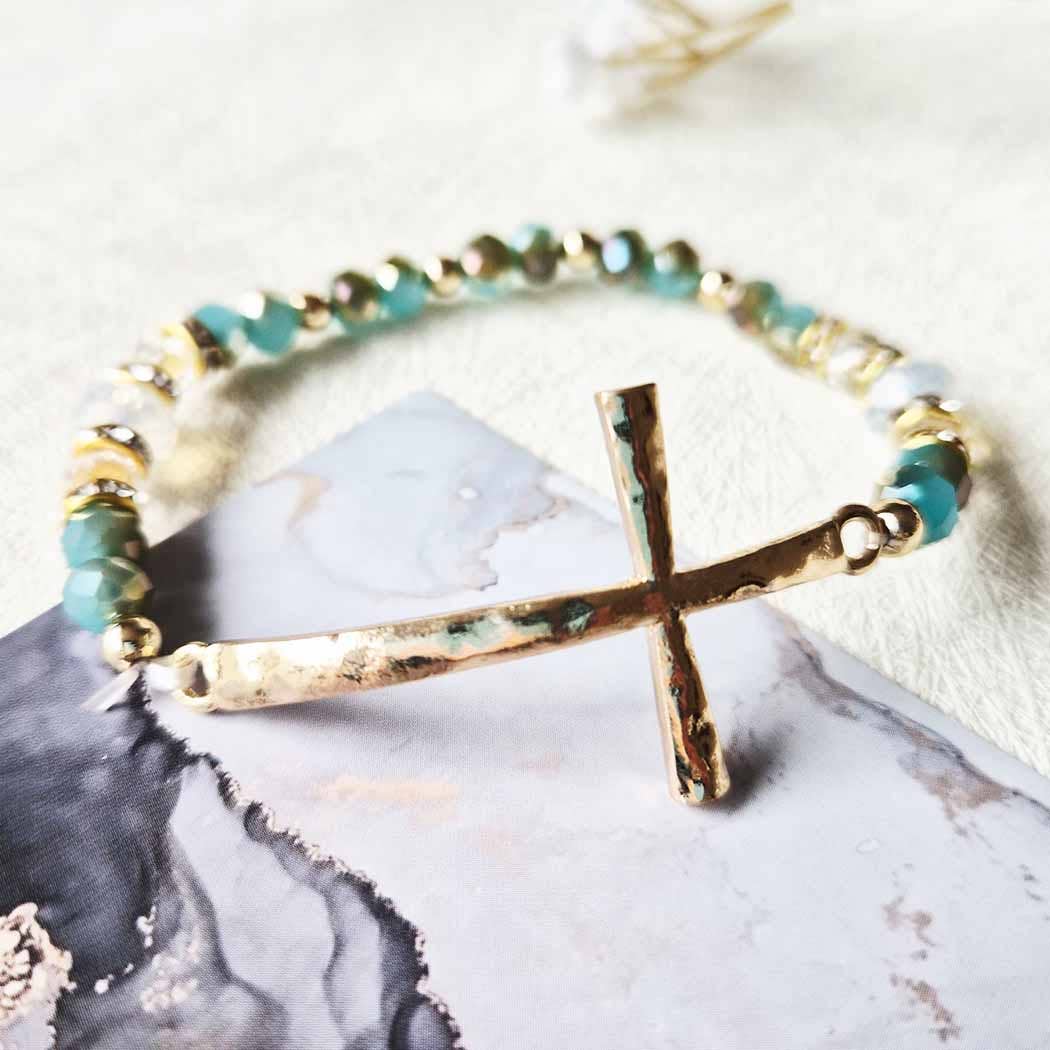 Hammered Cross Bead Stretch Bracelet