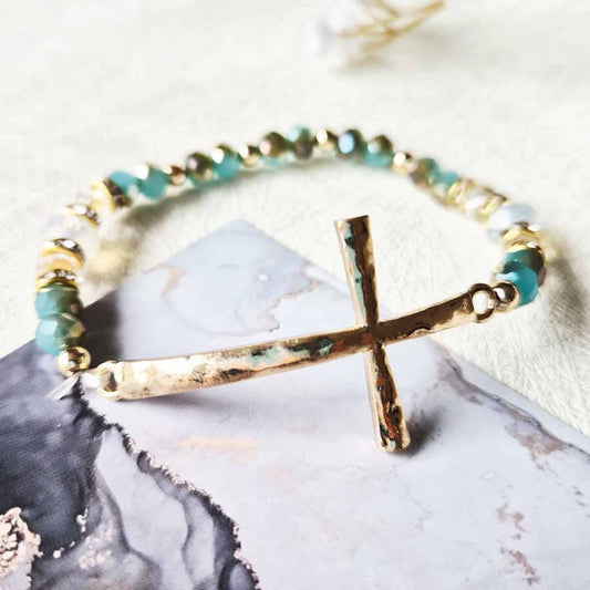 Hammered Cross Bead Stretch Bracelet