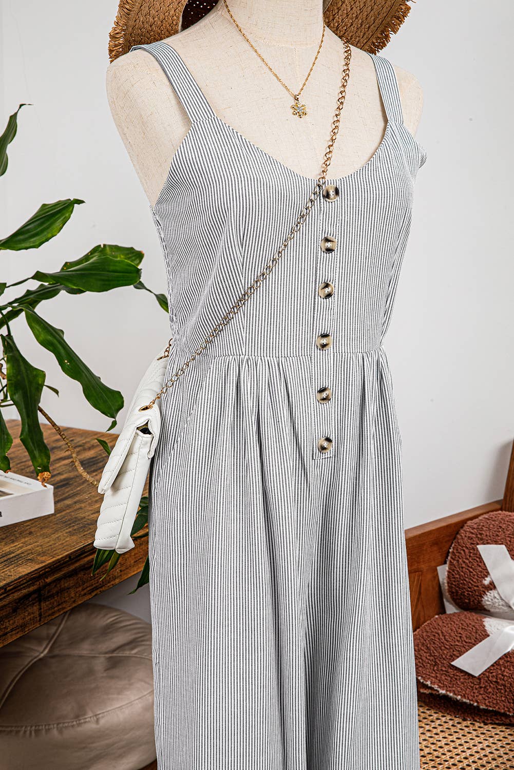 Stripe Half Buttoned Sleeveless Wide Leg Jumpsuit