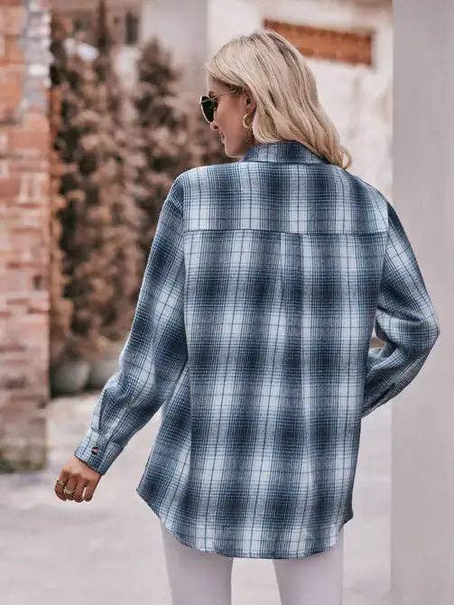 Blue Plaid Oversized Flannel Button Down Shirt