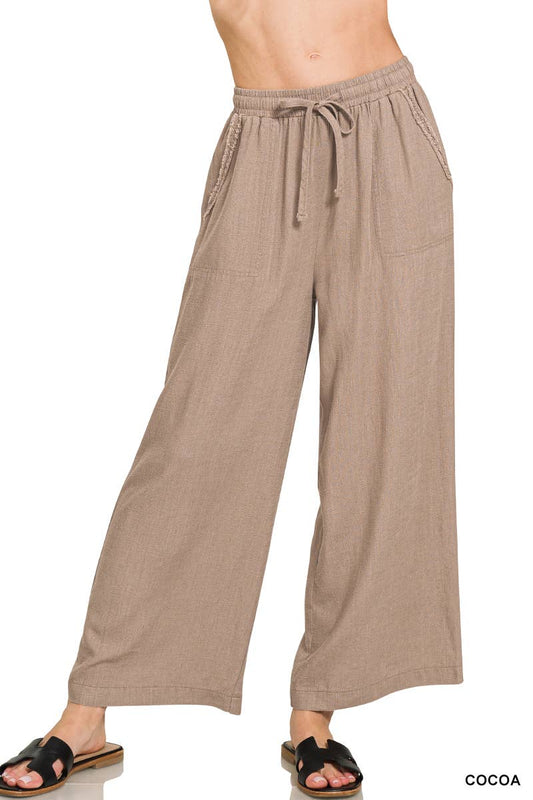 Wide Leg Linen Blend Pants W/Pockets