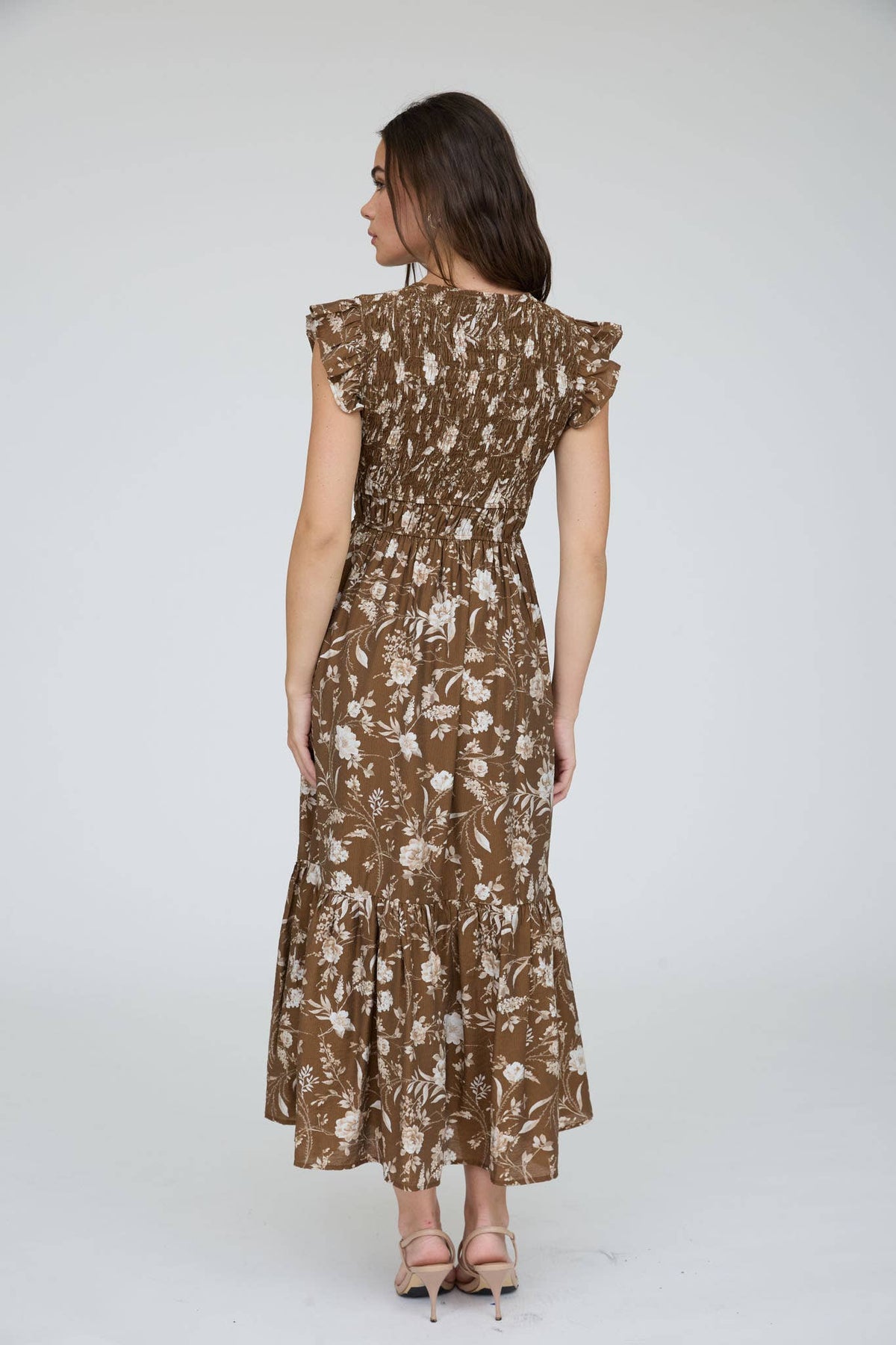 Floral smocked button-down midi dress
