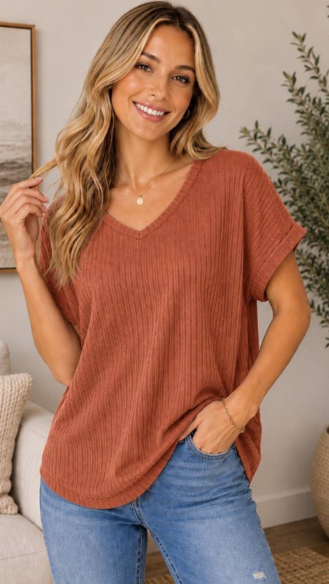 Soft ribbed v neck top