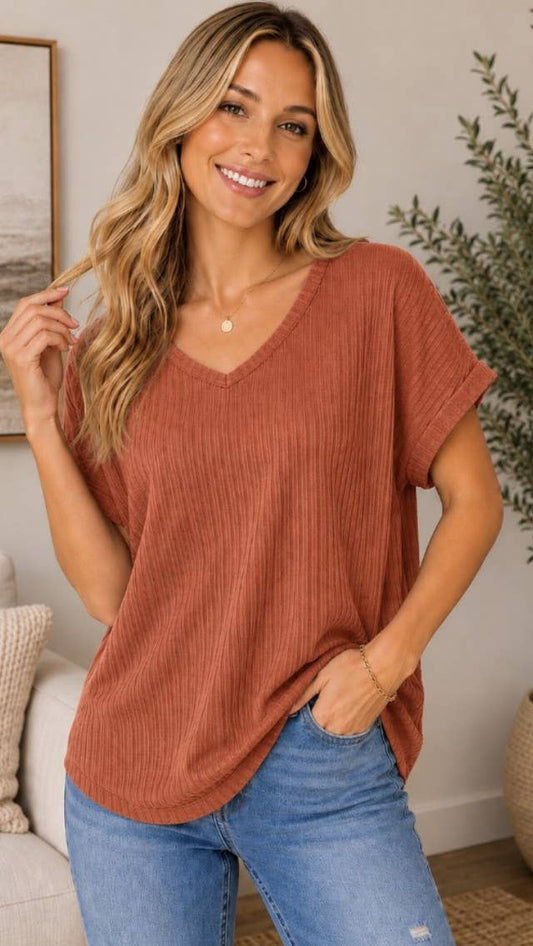 Soft ribbed v neck top