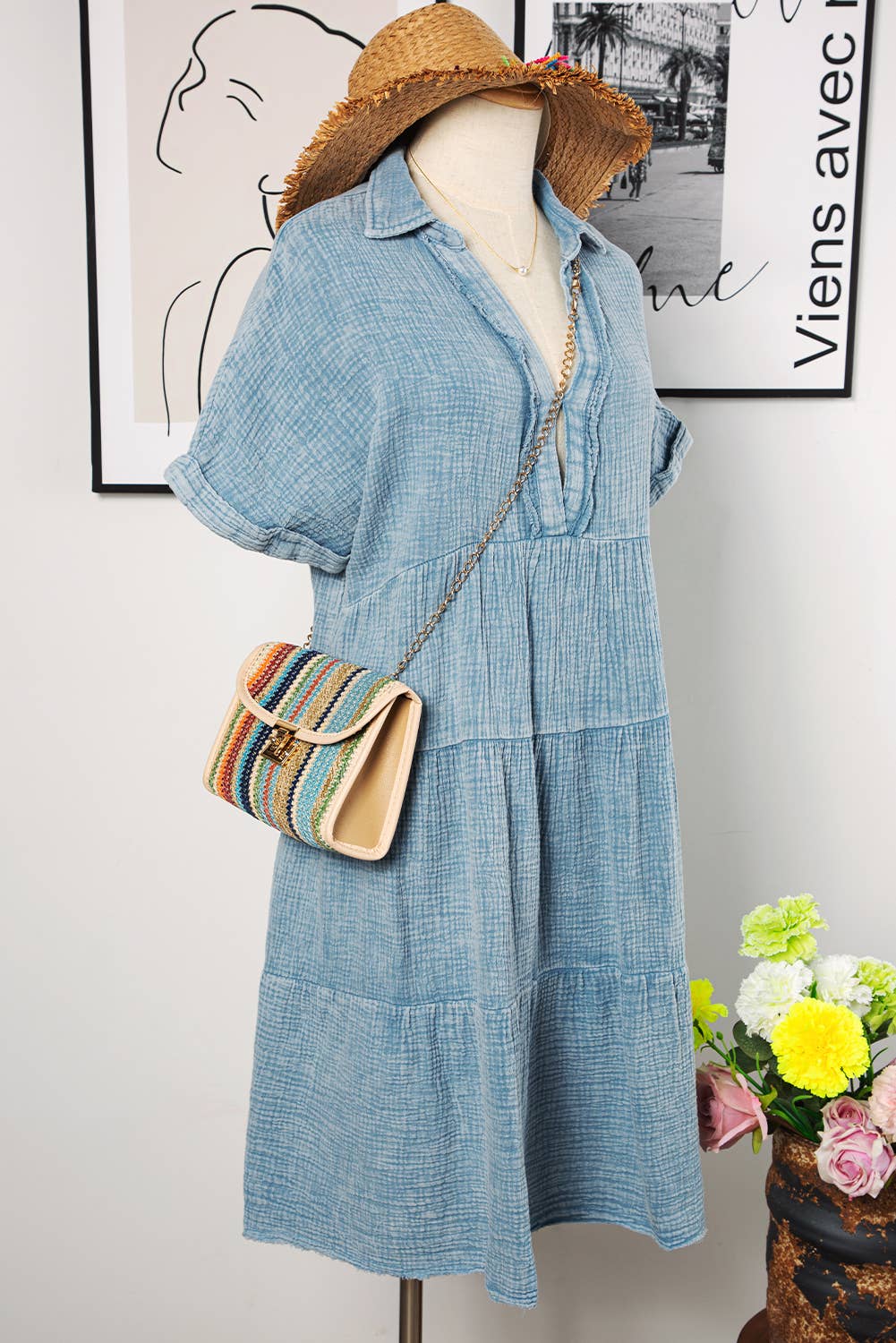 Mineral Wash Raw Hem Tiered Dress