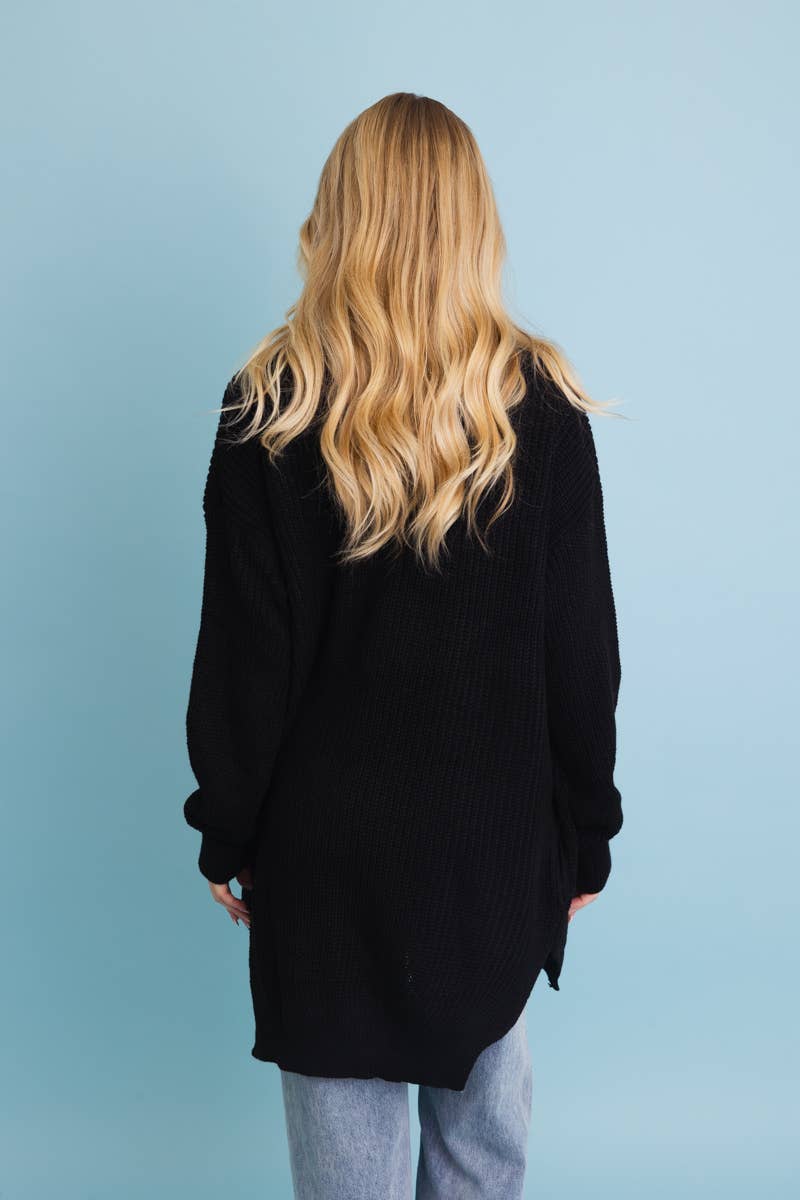 Black Open-Front Waffle Knit Long Cardigan