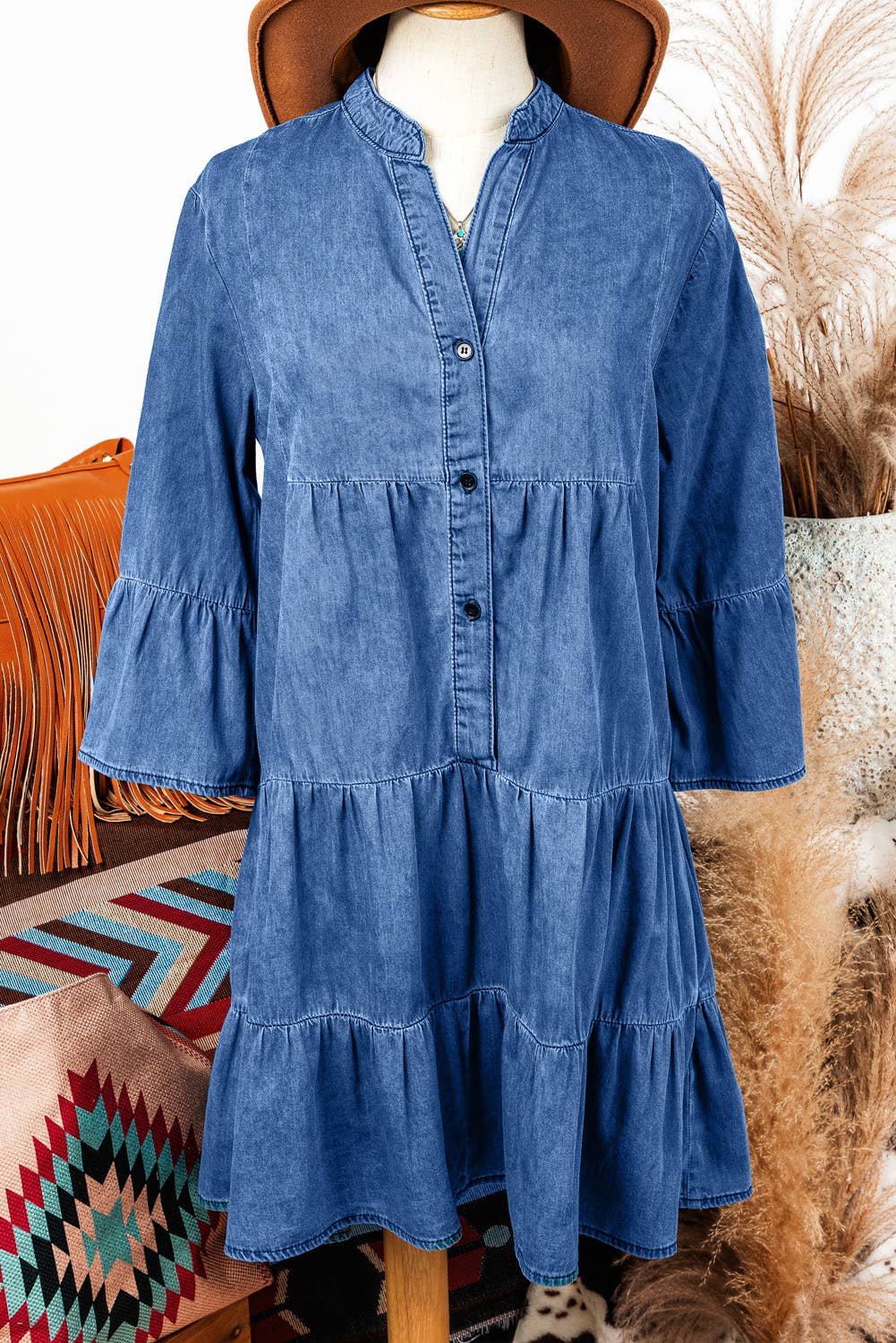 Chambray Ruffle Tier Split Denim Dress
