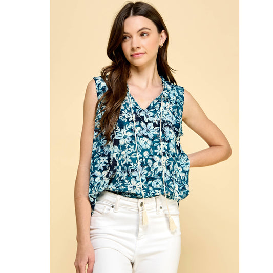 Blue floral tunic w/tassels