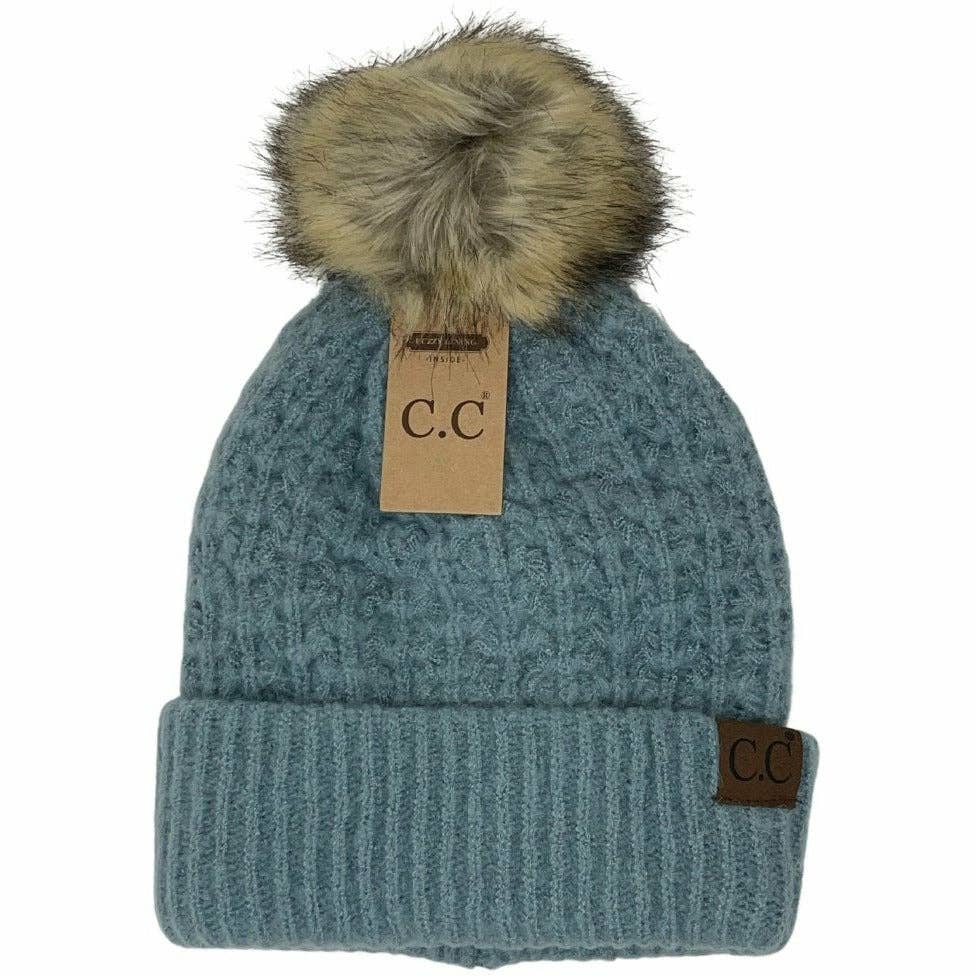 Solid Smocked Stitch Fur Pom C.C Beanie hat