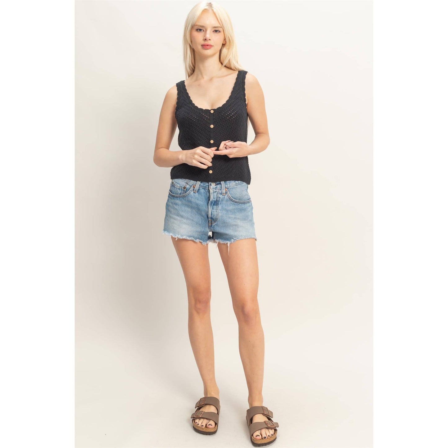 Open Knit Scallop Edge Button Front Tank Top