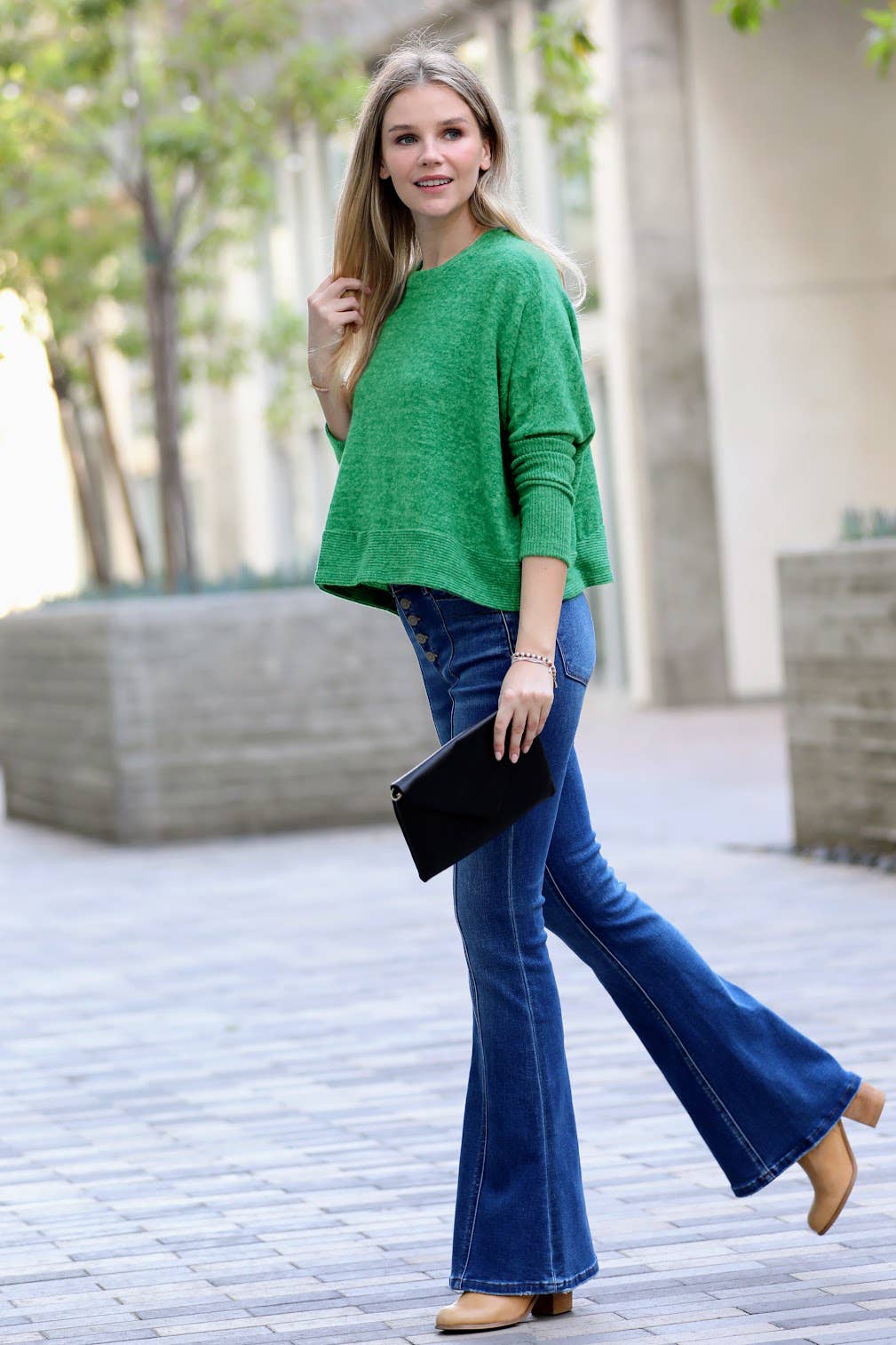 Green Brushed Melange Dolman Sleeve top