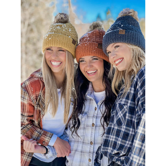 Solid Smocked Stitch Fur Pom C.C Beanie hat