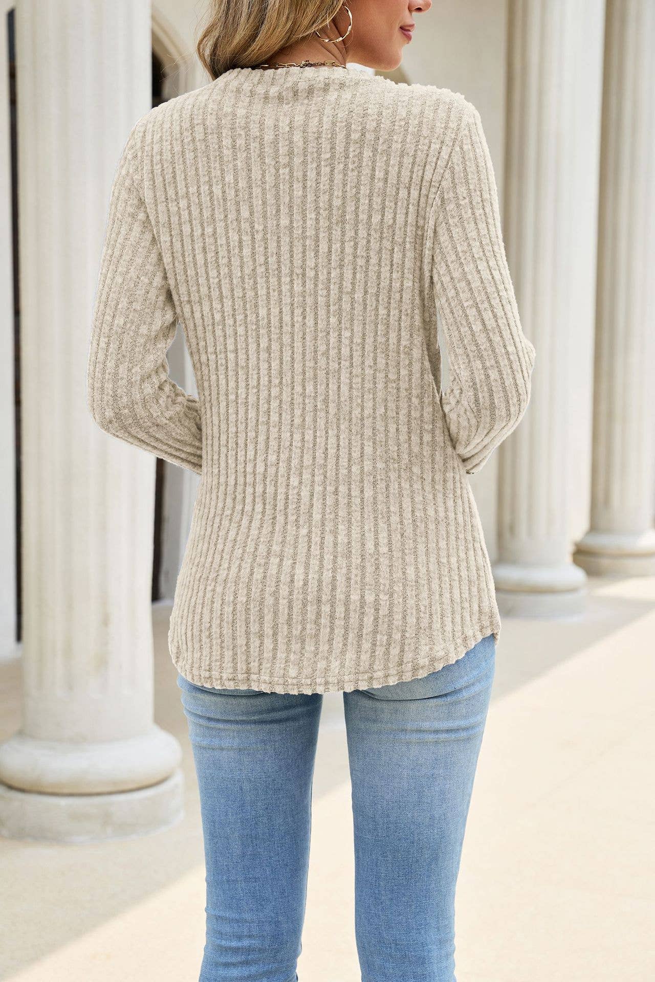 Ribbed Knit Long Sleeve Top w/Loop Trim Cuffs