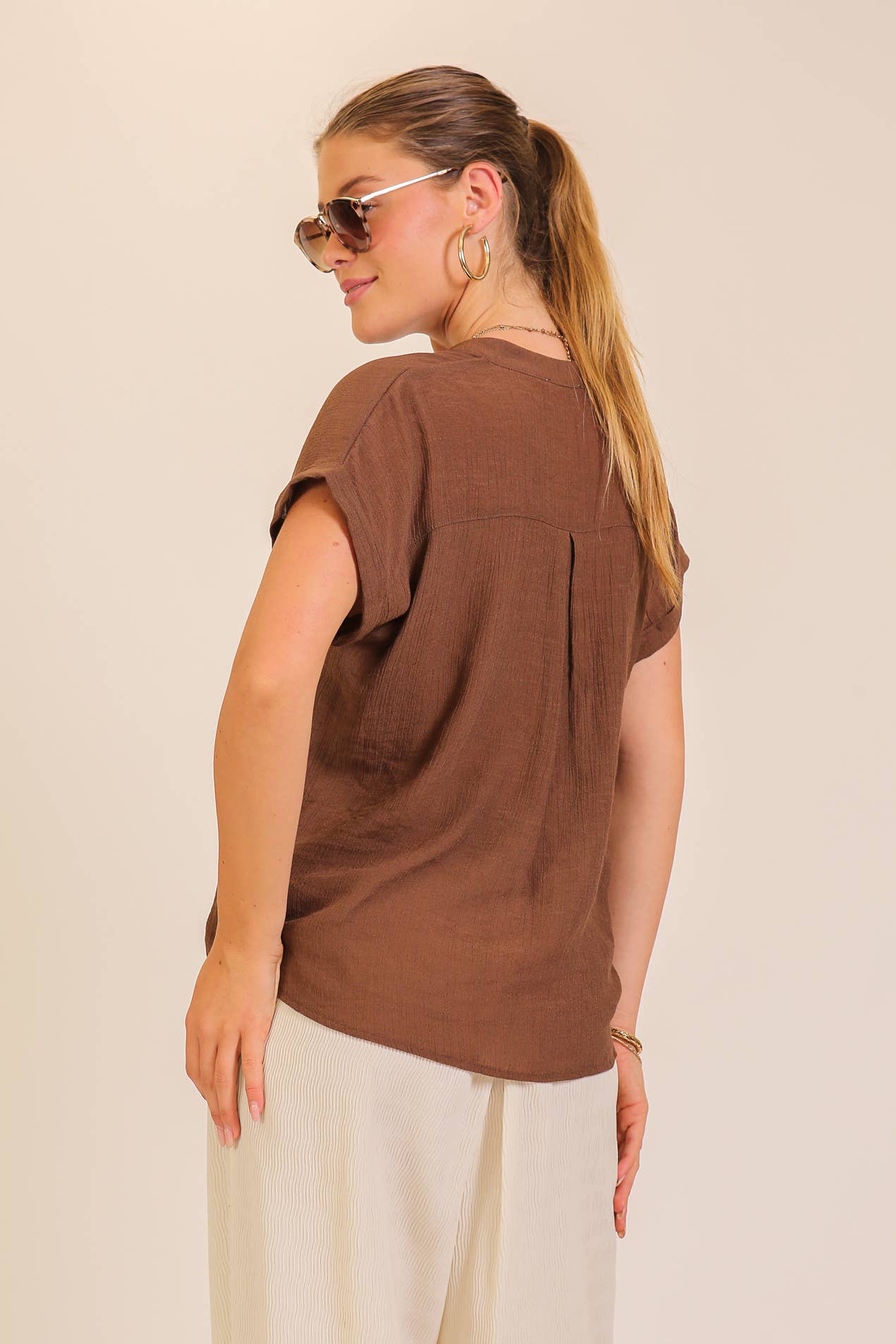 Burnt orange-Textured Gauze Button-Front Blouse