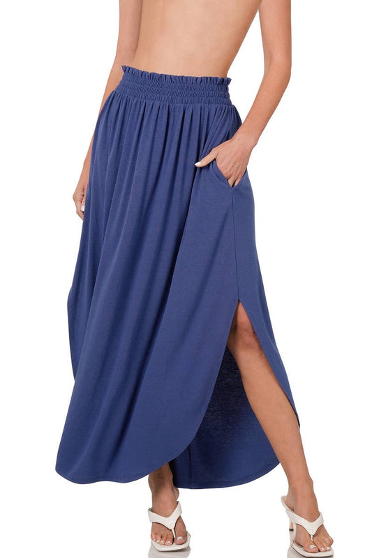 Navy Side Slit Maxi Skirt With Pockets