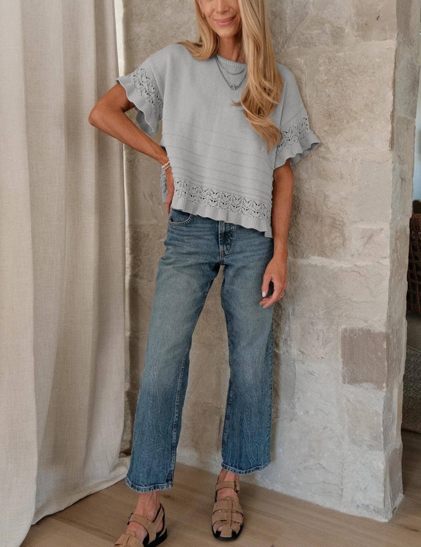 Ruffle Sleeve Crochet Knit top