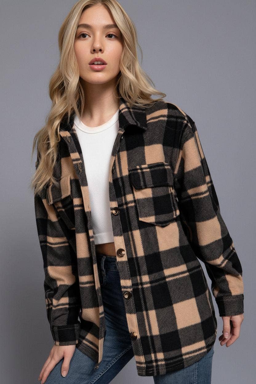 Long Sleeve Check Printed Fleece Shacket