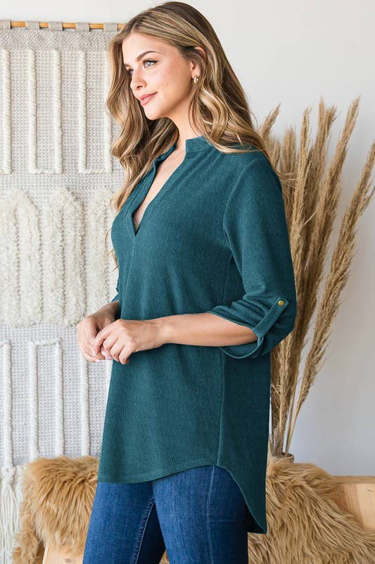 Roll up sleeve v-neck collar top